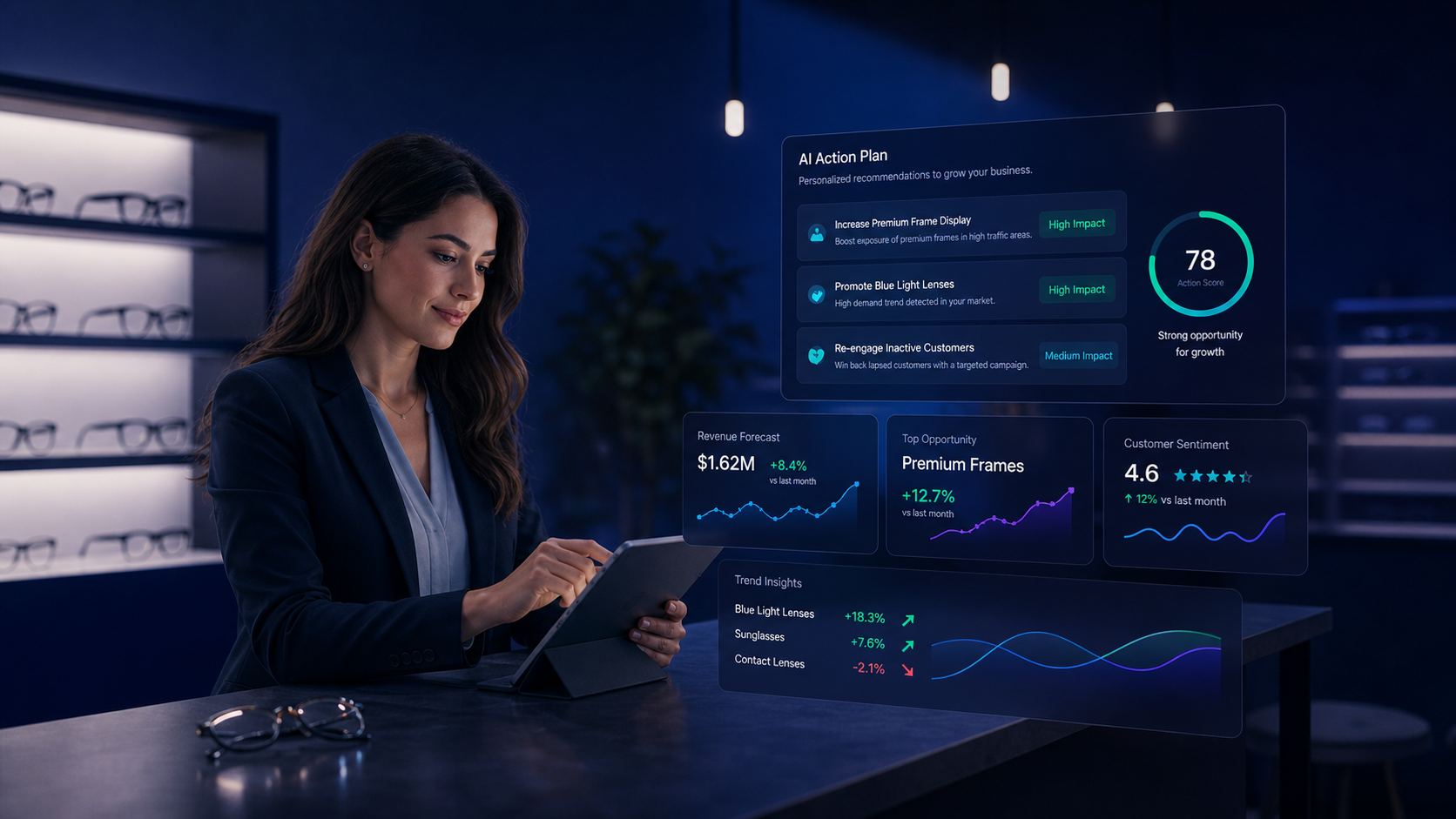 OpSightIQ AI Action Plan showing personalized recommendations including Increase Premium Frame Display, Promote Blue Light Lenses, and Re-engage Inactive Customers with impact scores