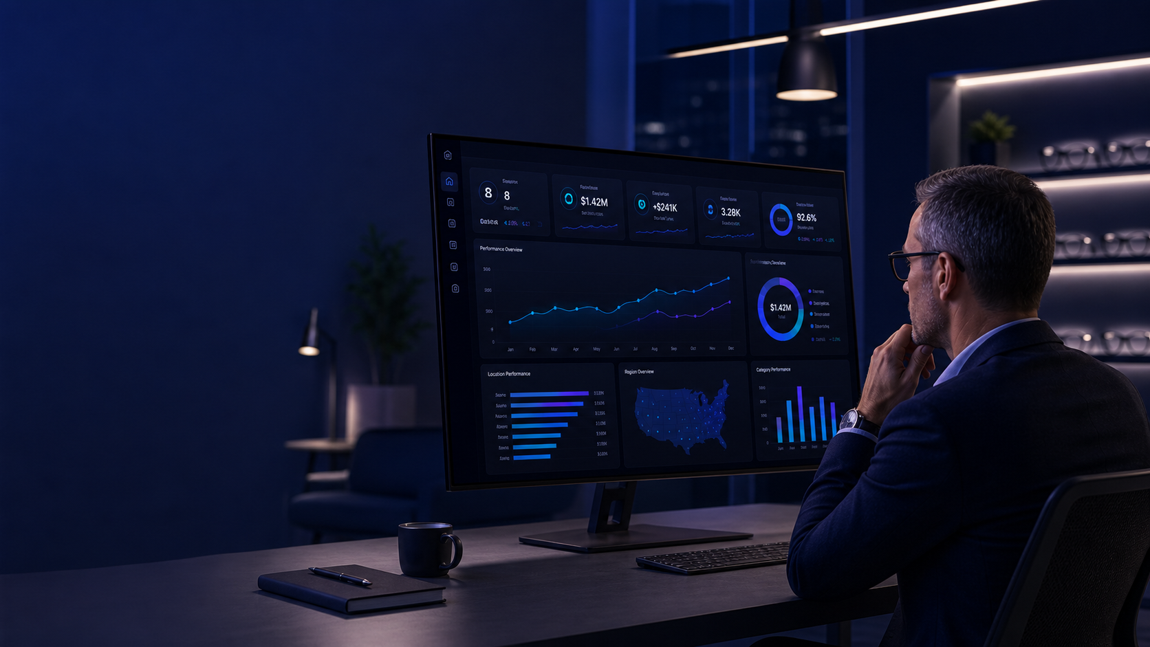 OpSightIQ executive dashboard showing revenue trends, top locations, and sentiment overview overlaid on an optical store environment