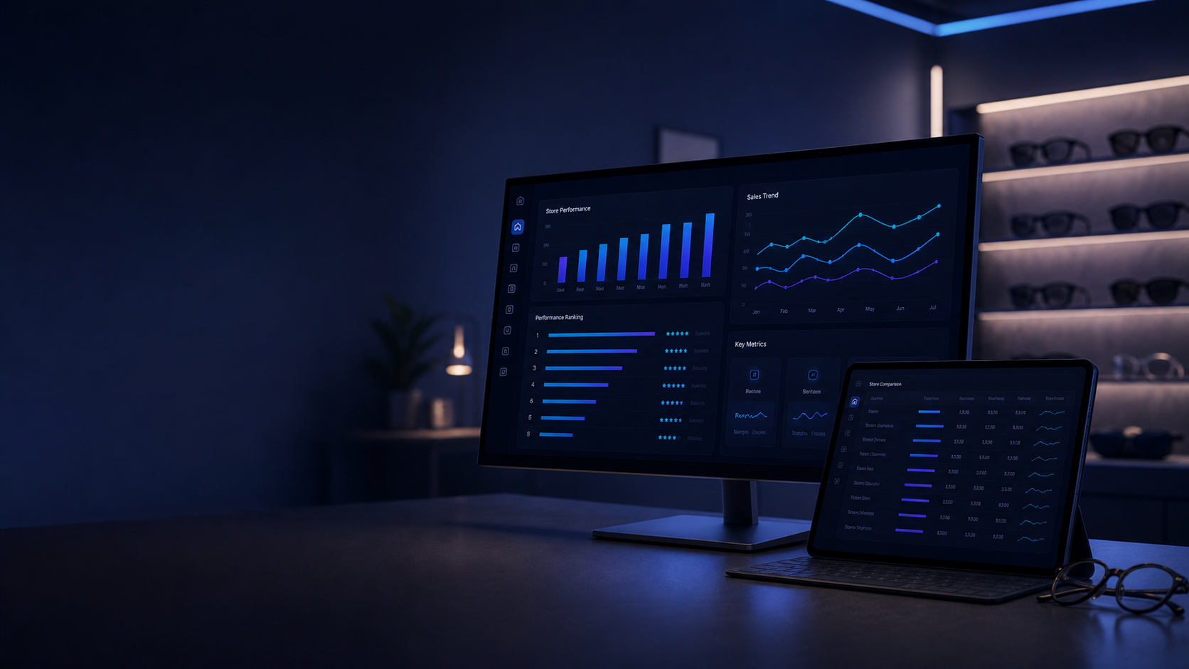 OpSightIQ store performance and comparison dashboard showing sales trends, performance rankings, and key metrics across multiple optical retail locations