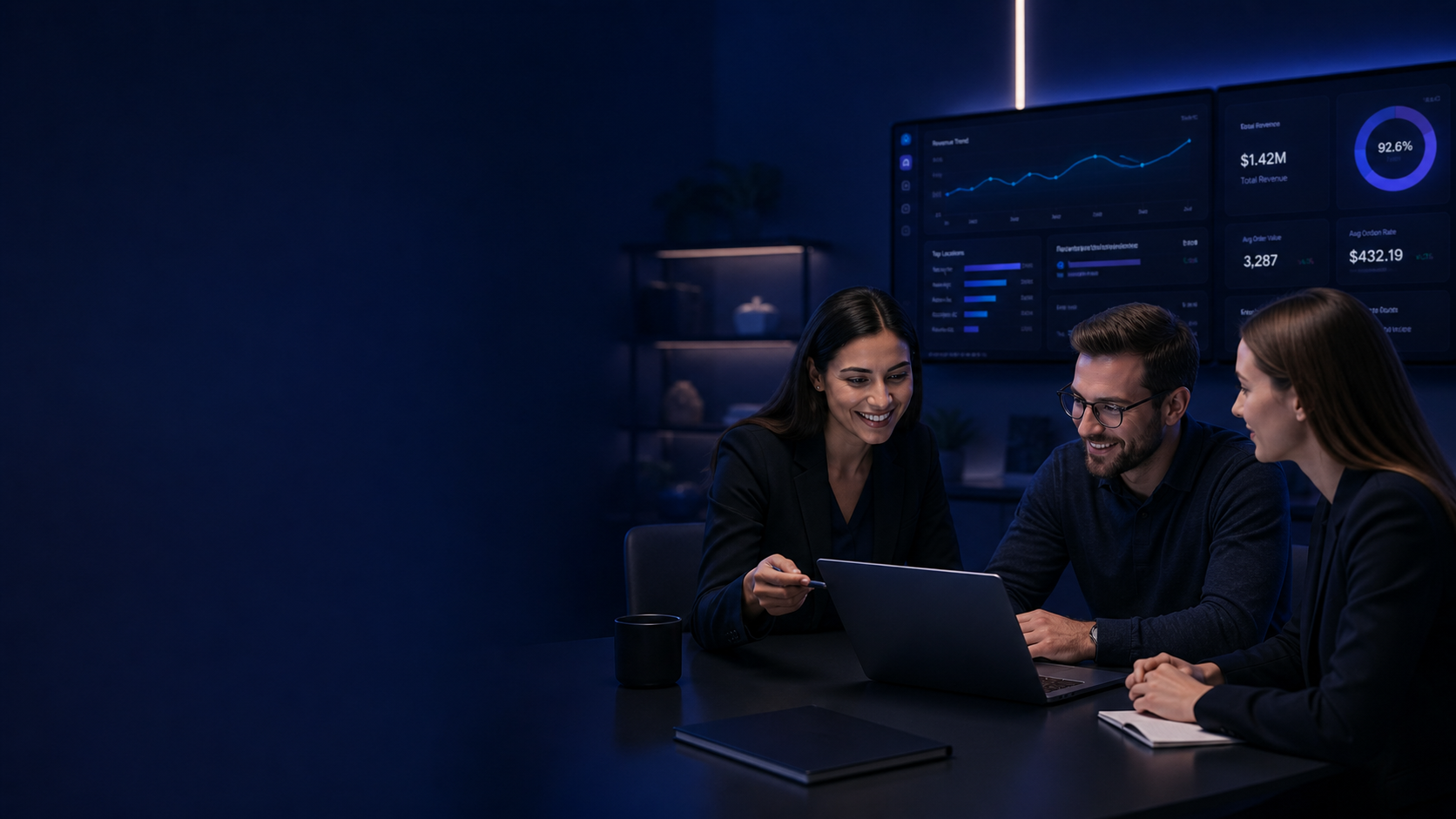 Three retail professionals reviewing OpSightIQ dashboard data together in a modern office environment with performance metrics displayed on screens behind them